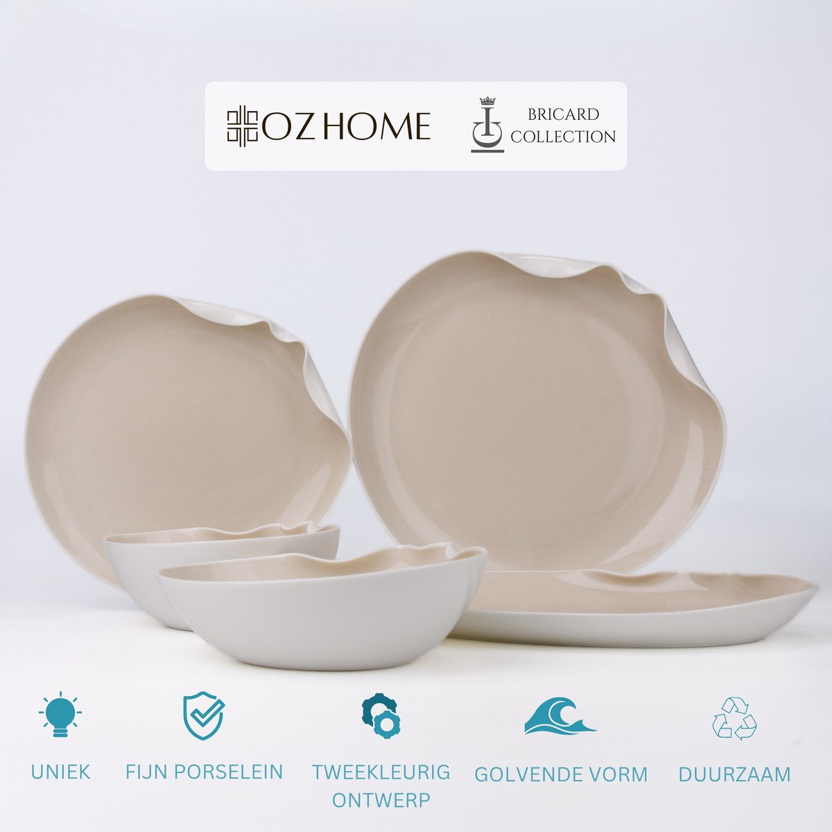 OZ Home Bricard Miramas Serviesset 25-delig – Porseleinen Servies voor 6 Personen – Wit/Taupe – Organische Bordenset met Ovale Serveerschaal – Vaatwasser- & Magnetronbestendig