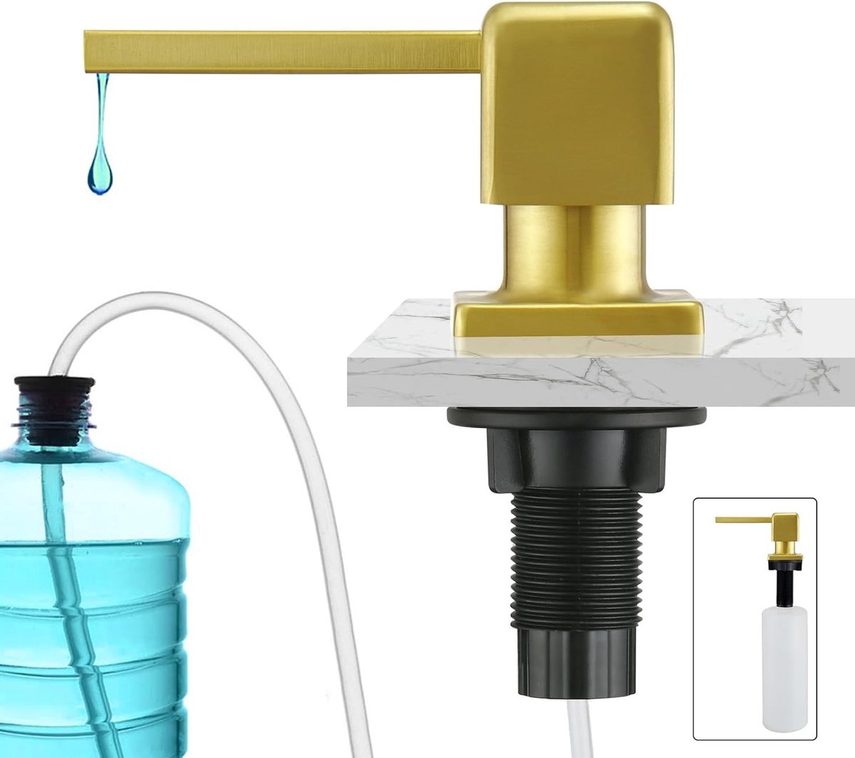 Vaatwasser vloeistof dispenser voor keuken, inbouw zeepdispenser voor gootsteen met 500 ml fles en 1 m verlengslang, topvulling in geborsteld goud