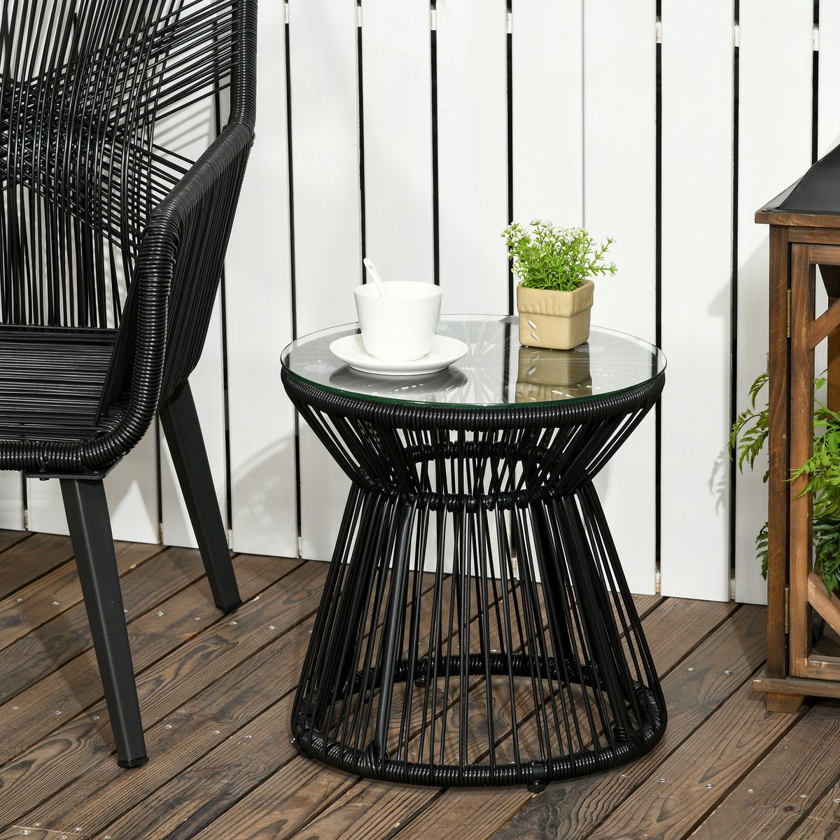 MIVRAY Tuintafel - Ronde Bijzettafel Met Gehard Glazen Blad - Voor Balkon En Tuin In Boho Stijl - Metaal En PE-Rattan - Zwart - 40 Cm