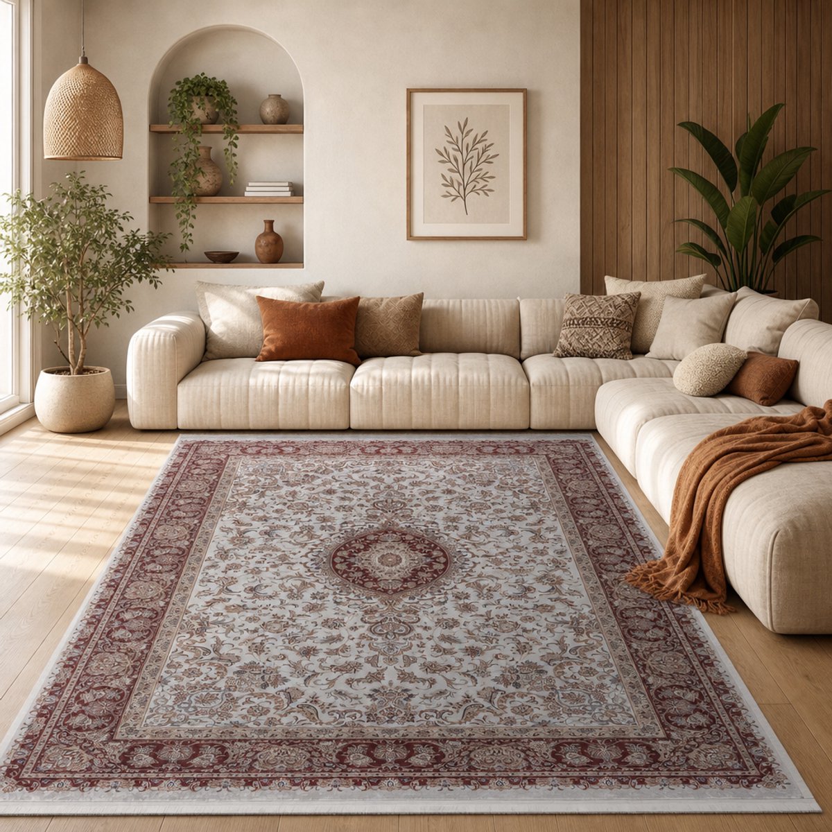 Muratap Star Klassiek Oosters Vloerkleed Wasbaar Anti Slip Creme Rood- 140x200 CM