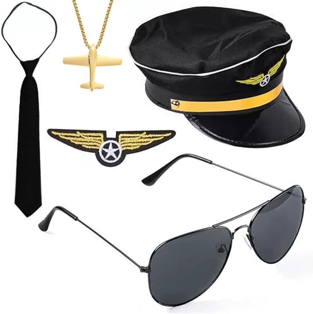 Kostuum voor Piloot met Vleugelbadge, Aviator Bril, Stropdas en Schouderbadge voor Cosplay en Themafeesten