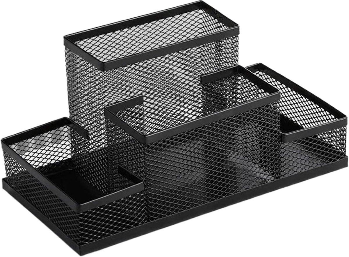 Mesh Bureaublad Organizer - 4 Vakken - Zwart - Pennenhouder voor Thuis, School, Klaslokaal en Kantoor