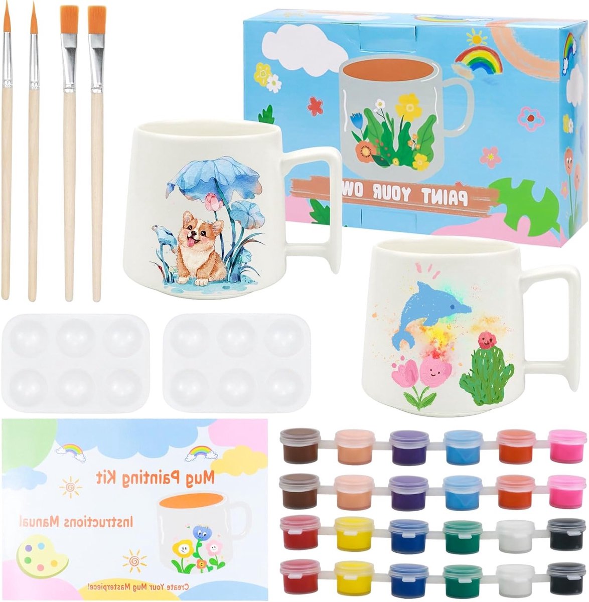 Keramische schilderset voor volwassenen met 2 witte kopjes, penselen, opbergtas en snelgids, perfect voor creatieve momenten met vrienden en familie