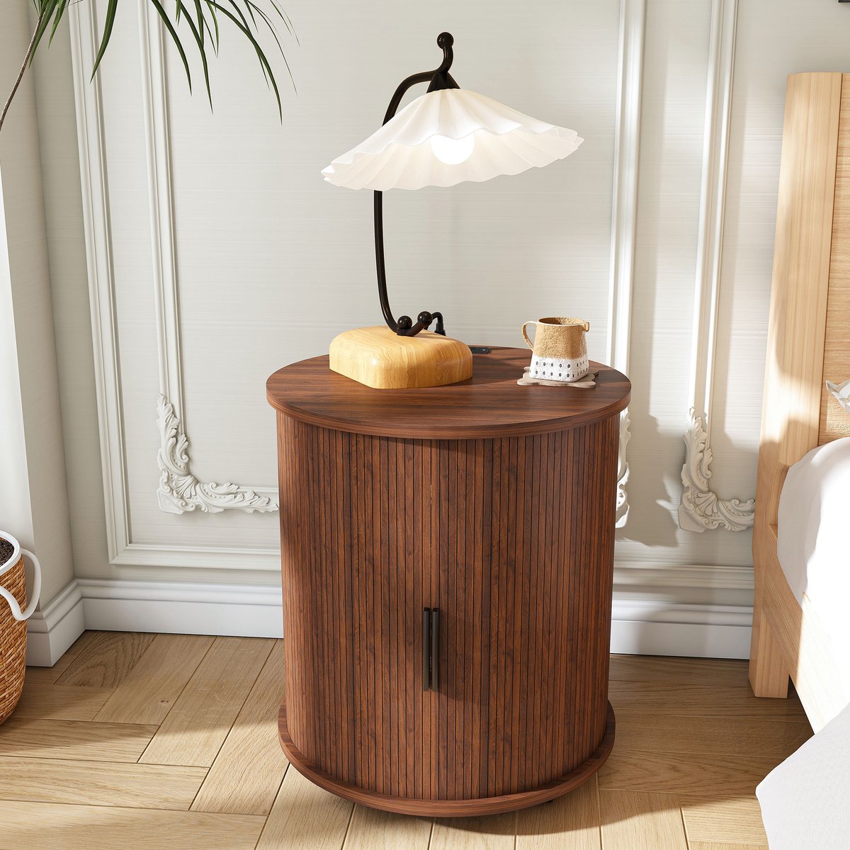 STILVORA Dressoir - Cilindrisch Nachtkastje Met Stopcontact En 2 Usb Poorten - Voor Slaapkamer En Woonkamer - MDF - 60x60x60 Cm - Walnoot