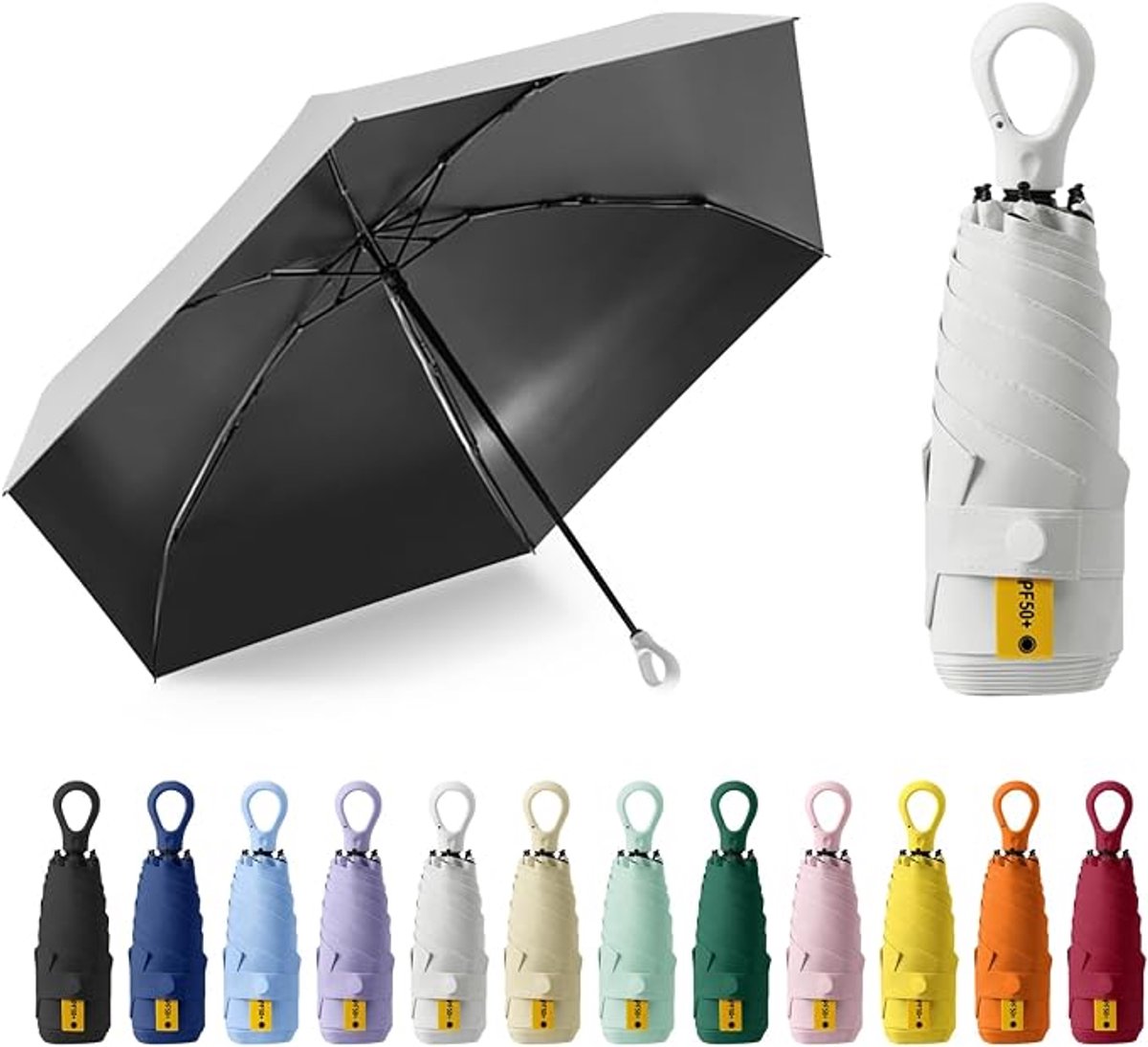 Zonneparaplu, zakparaplu, UPF50+, mini-paraplu met 6 baleinen, ringhandvat met opbergdoosje, geschikt voor zonnige en regenachtige dagen - gebroken wit