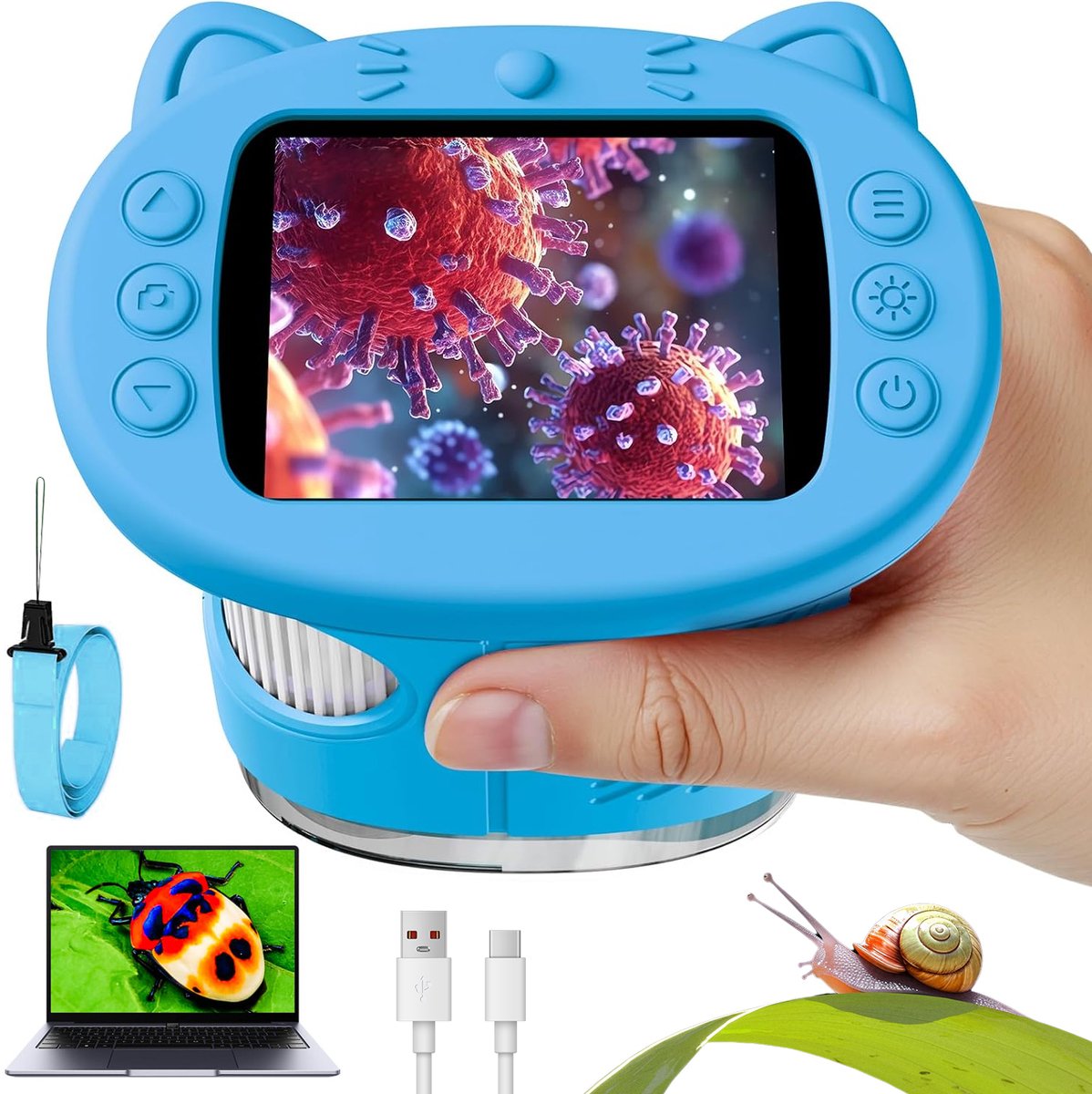 Digitale Kindermicroscoop 1000x Vergroting Blauw met 2,4 inch IPS-scherm, 200MP Camera en 600mAh oplaadbare batterij, educatief wetenschapsspeelgoed voor kinderen