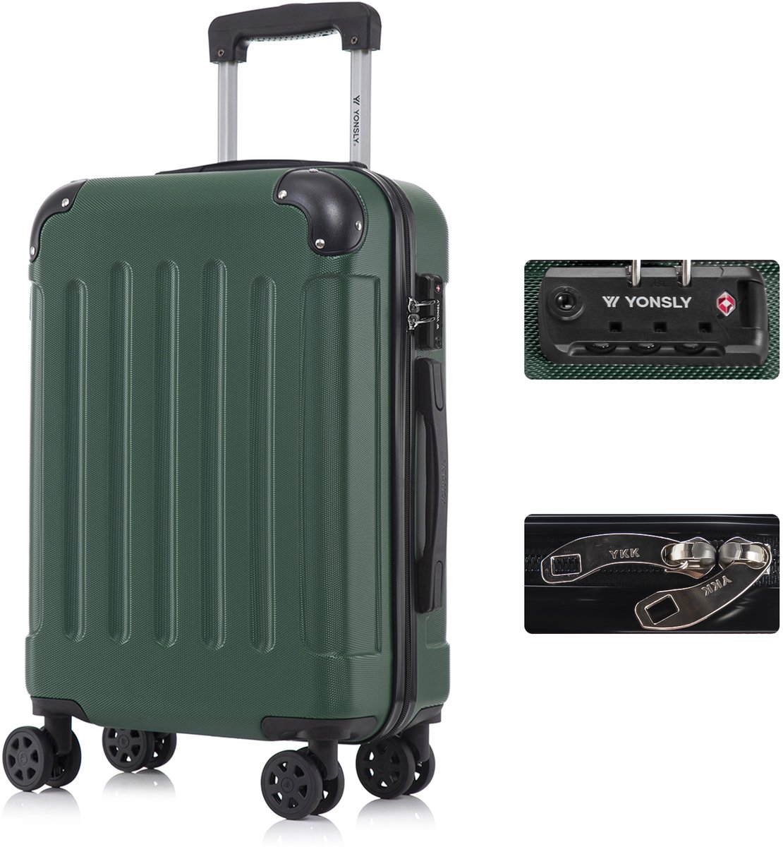 YONSLY Handbagage Koffer - 55cm - 40 L - TSA Slot - YKK Rits - 360° Draaibare Wielen - Donkergroen