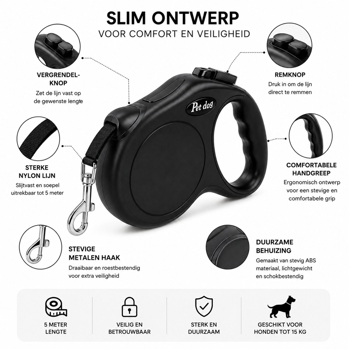 NAKA Home Intrekbare Hondenriem 5 Meter Zwart - Rollijn Hond thumbnail 4