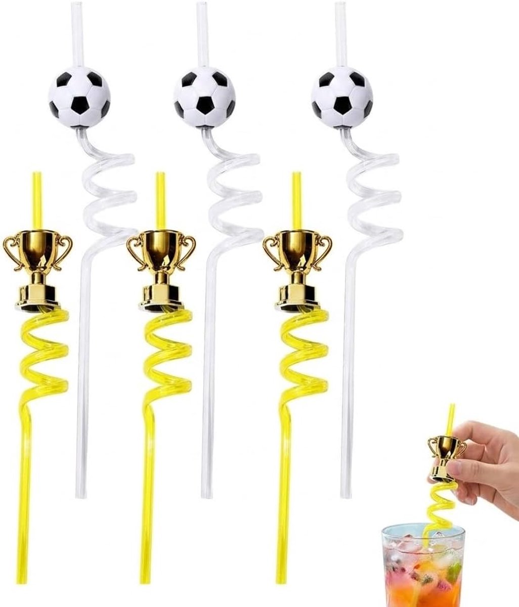 SnelShoppen - 6 herbruikbare voetbal rietjes met trofeeën - duurzame feestaccessoires voor kinderen - decoratie verjaardag en thematische snacks - spo