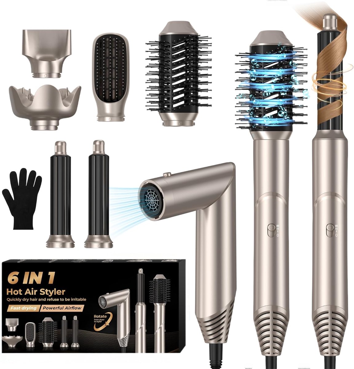 SnelShoppen - 6-in-1 Air Styler Brush - Verwarmde Borstel, Föhn, Krultang, Steiltang, Diffuser & Concentrator - 1000W, Goud - Perfect voor Elk Haarsti