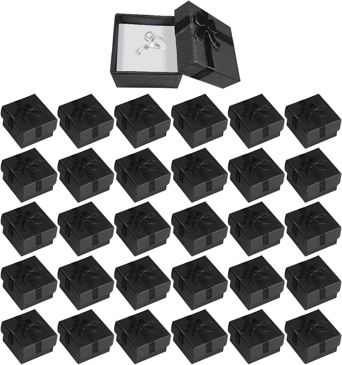 SnelShoppen - Pack van 30 Sieraden Geschenkdozen 4 x 4 cm met Strikken voor Ringen en Oorbellen - Zwarte Kleine Opbergdoos voor Sieraden
