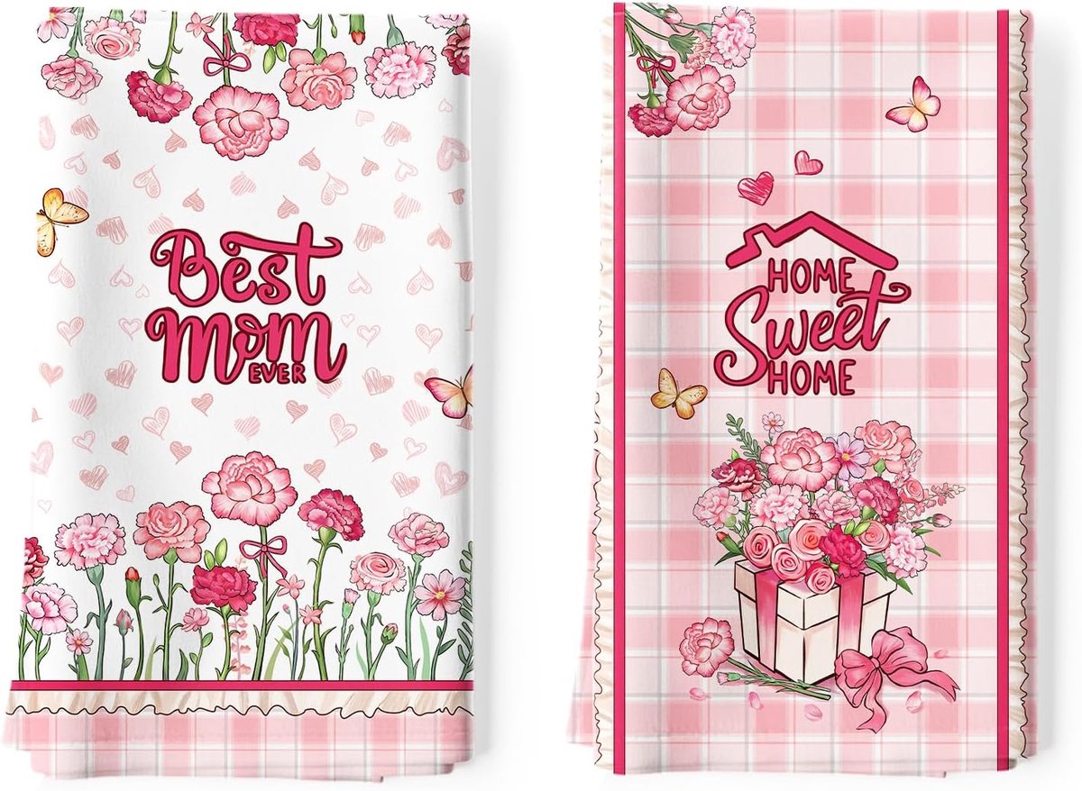 SnelShoppen - Moederdag Bloemen Theedoeken 2 Stuks 48x70 cm, 100% Katoen Zachte Keukenhanddoeken, Sneldrogend Vaatdoek voor Keuken, Jubileum, Bruiloft