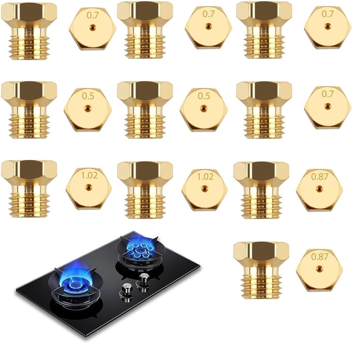 SnelShoppen - Pack van 10 Universele Butaan Gas Nozzles voor Gasfornuis, Gasinjectoren voor Flessenconversie, Brass, 0.5/0.7/0.87/1.02 mm, Keukenacces