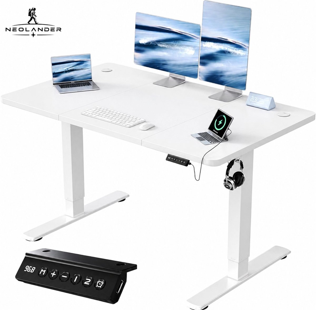 NeoLander Elektrisch Verstelbaar Bureau 120 x 60 cm Wit – Zit-Sta Bureau met USB-Oplaadpoort – Hoogte Verstelbaar Computerbureau – Ergonomisch Thuiswerk Bureau voor Kantoor en Thuis