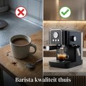 Golermo pistonmachine naast een kop koffie, met teksten 'Barista kwaliteit thuis'.