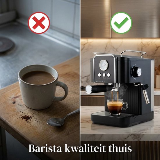 Golermo pistonmachine naast een kop koffie, met teksten 'Barista kwaliteit thuis'.