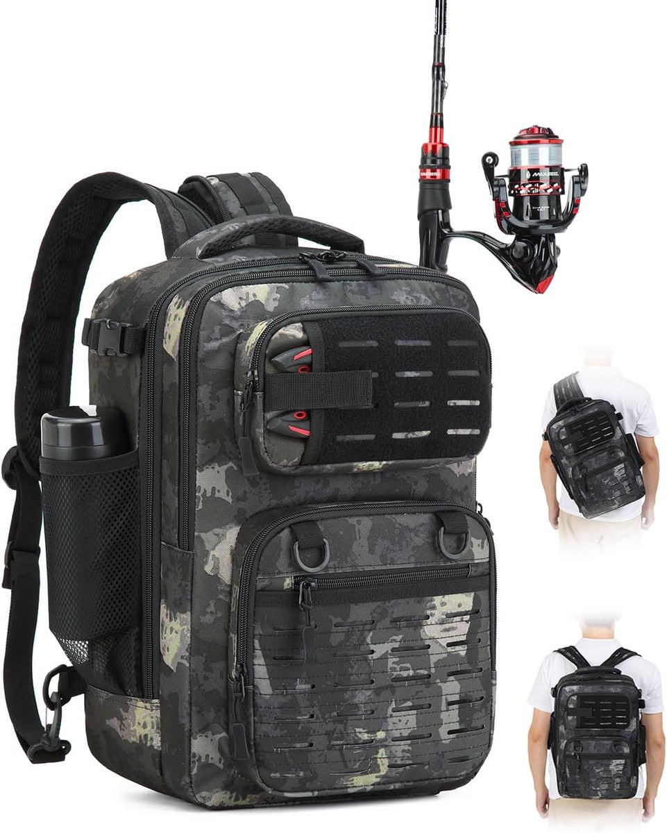 SnelShoppen - 2-in-1 Visrugzak met Hengelhouder, 25L Tactische Schoudertas voor Vissen, Wandelen, Kamperen, Militaire Rugzak met Vistas en Materiaalta
