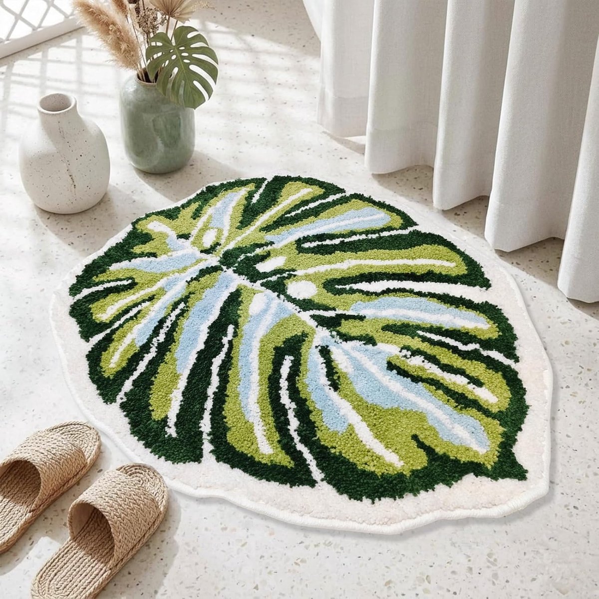 Badmat Bladvorm - Vloerkleed Plantvorm - Badkamer Decoratie - Zacht en Comfortabel - 54 x 66 cm - Groen