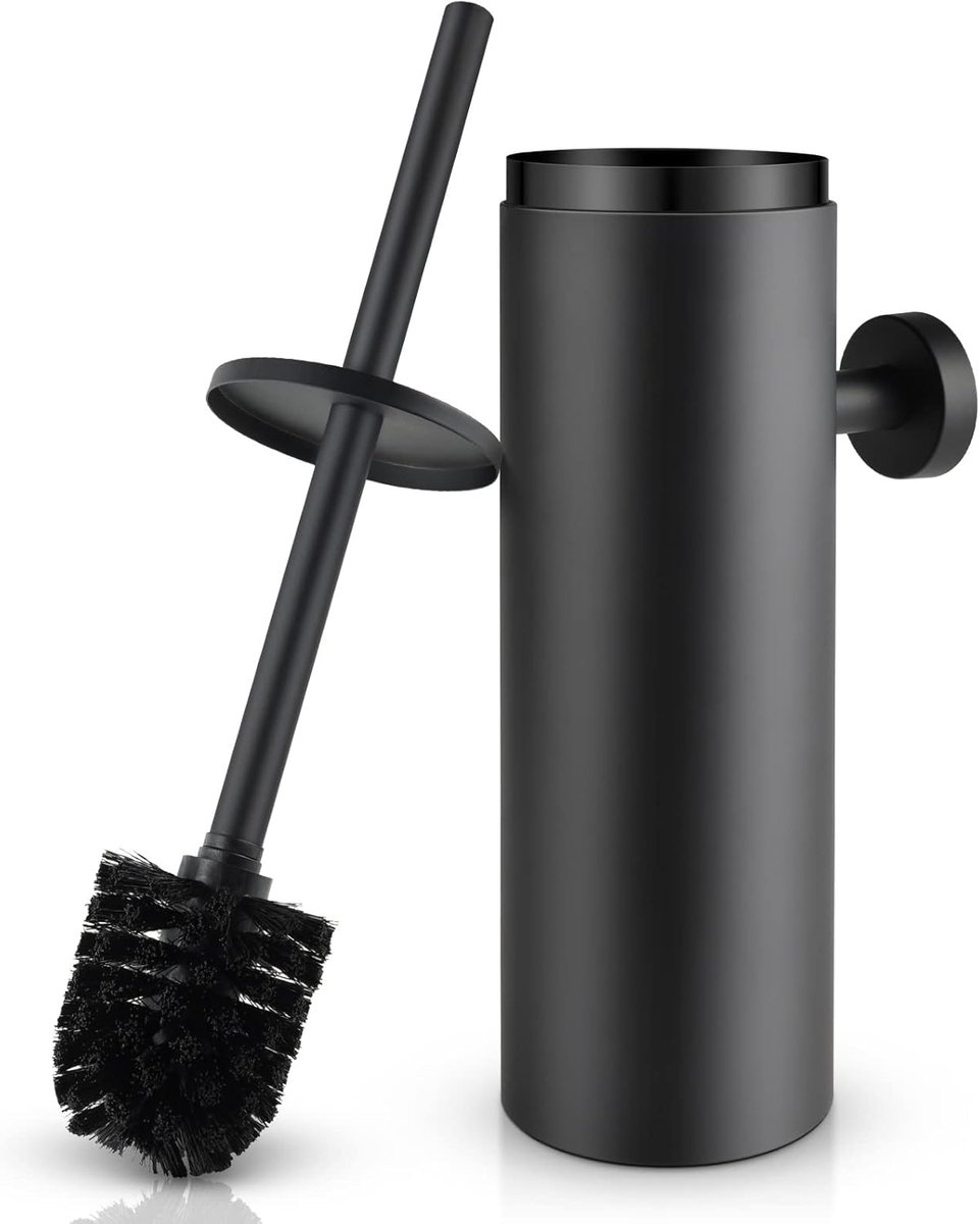 SnelShoppen - Toiletborstel RVS Wandmontage met Gesloten Spettervrije Deksel - Toiletreiniger Set met Waterverzamelaar voor Badkamer - Mat Zwart, 8.8x