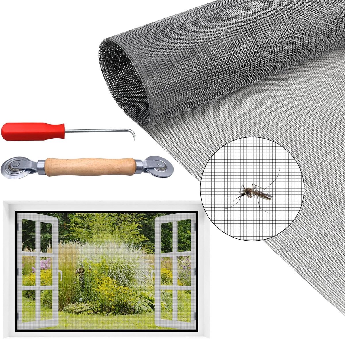 SnelShoppen - Insectenwerend Raam, Vliegenhor voor Ramen, Moskito Net, Effectieve Insectbescherming, Met Rolmechanisme en Haak, Voor Binnen en Buiten,