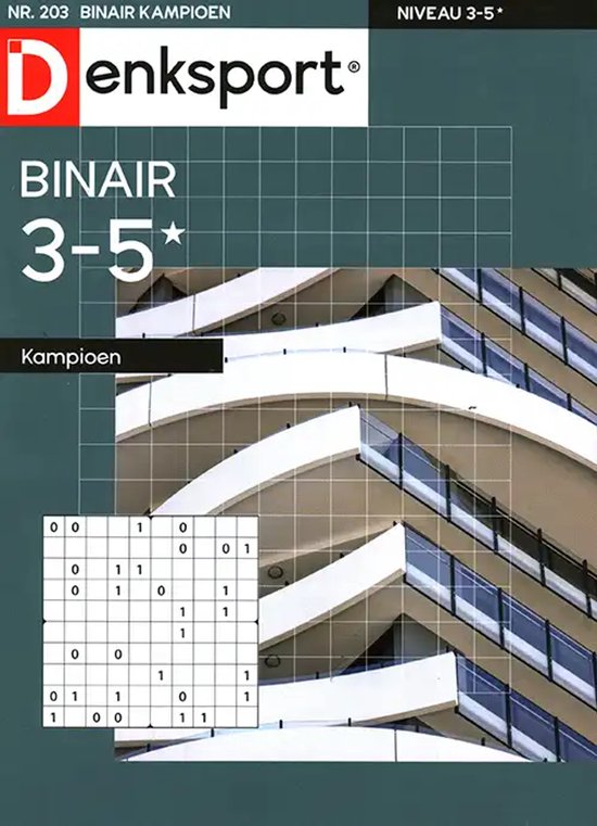 Denksport Binair Kampioen, niveau 3-5*, met een raster en een gebouw op de achtergrond.