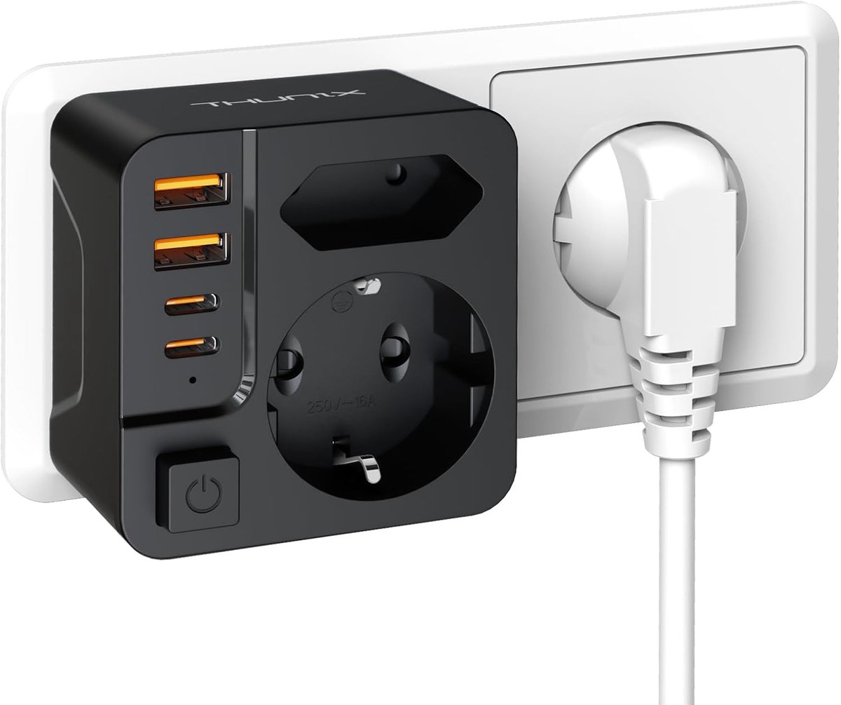 SnelShoppen - Double Plug met USB C, 6-in-1 Meerdere Stopcontacten, 2 Schuko Aansluitingen, 2 USB A & 2 USB C Snelladers, Zwart, Ideaal voor Thuis, Ka