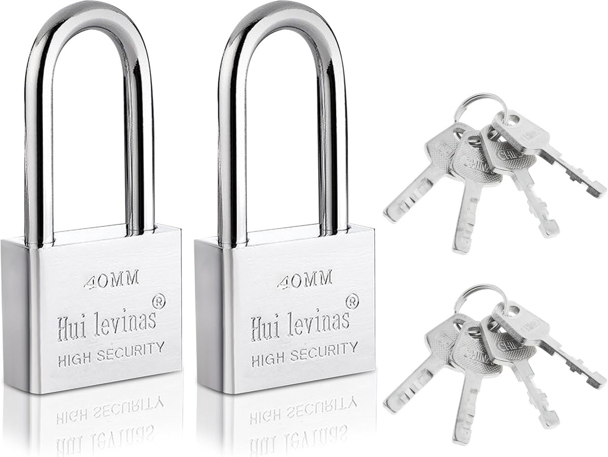 SnelShoppen - 2 Stuks Padlock 40mm Stalen Hoogsloten met 4 Sleutels, Waterdichte Sloten, Lange Haak Dikte 6mm voor Binnen en Buiten, Tuinhekken, Garag