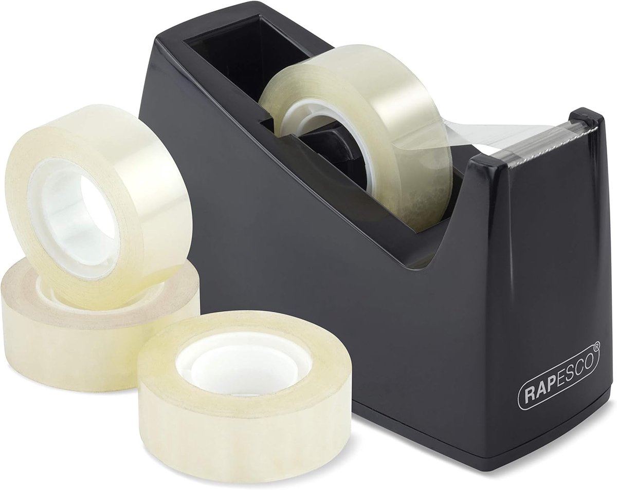 SnelShoppen - Compacte Lijmtape Houder met 4 Rollen Lijmtape 19mm x 33m - Zwart - Stabiele Foam Basis - Geschikt voor 19mm & 25mm Lijmtape
