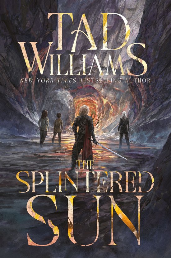 De cover van 'The Splintered Sun' toont vier figuren in een grot, met op de voorgrond een zwaarddragende krijger. Goudkleurige letters met de titel.