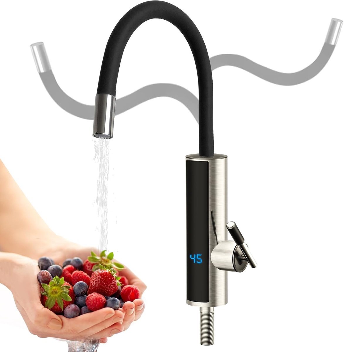 SnelShoppen - 230 V RVS Doorstromer Waterverwarmer, Elektrische Waterkoker met 360° Draaikraan, LED Temperatuurweergave voor Keuken en Badkamer