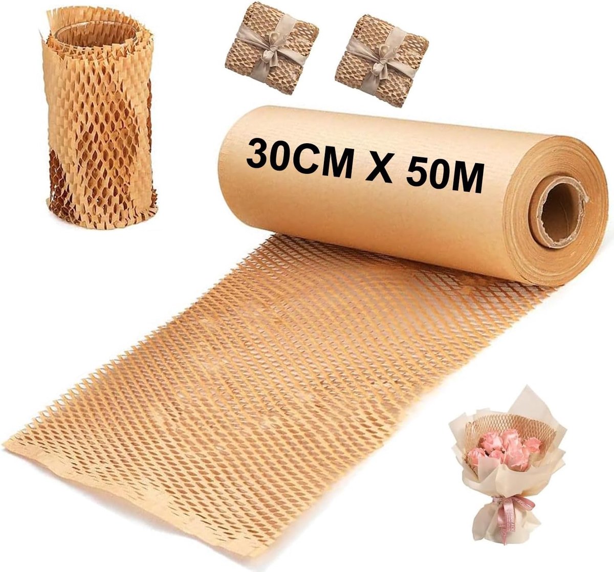 SnelShoppen - Honeycomb Papier Rol 30cm x 50m - Perforeerbare Verpakkingspapier voor Verhuizingen en Breukpreventie - Flexibel Kraftpapier voor Veilig