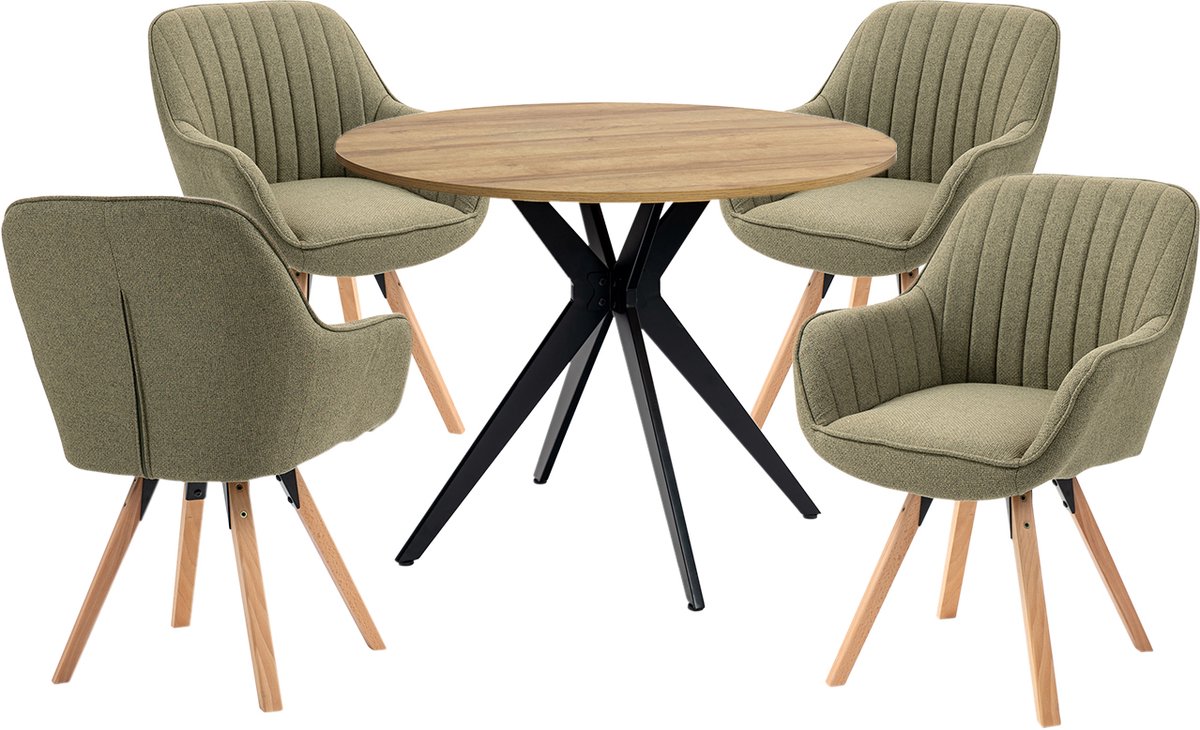 Eethoek - Ronde Eikenlook Tafel En 4 Houten Draaistoelen - Groen