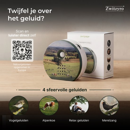 Zwitzyro met landschapsafbeelding en QR-code. Vier sfeervolle geluiden: vogels, koeien, relax, merel.