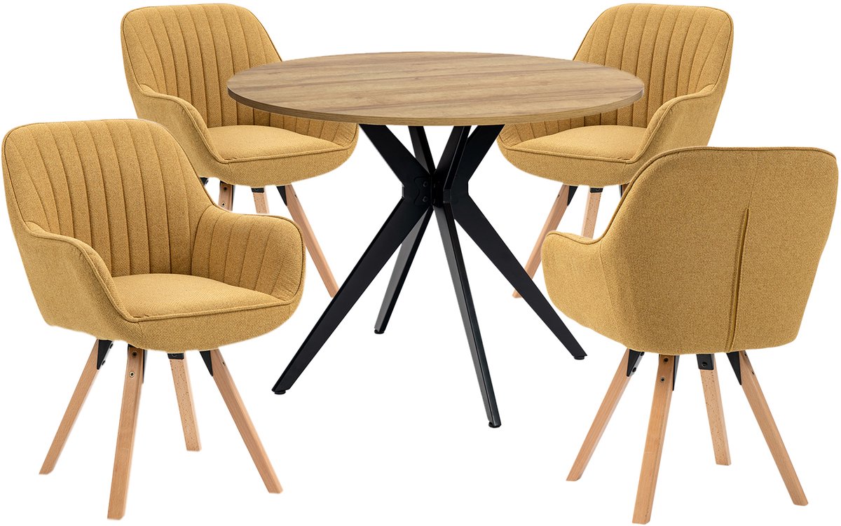 Eethoek - Ronde Eikenlook Tafel En 4 Houten Draaistoelen - Geel
