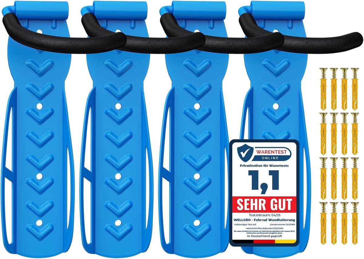 SnelShoppen - Wand Fietsbeugels Set van 4 - Stalen Fietshouder voor Alle Fietstypes - Ruimtebesparend, Blauw, Rubber Coating voor Bescherming