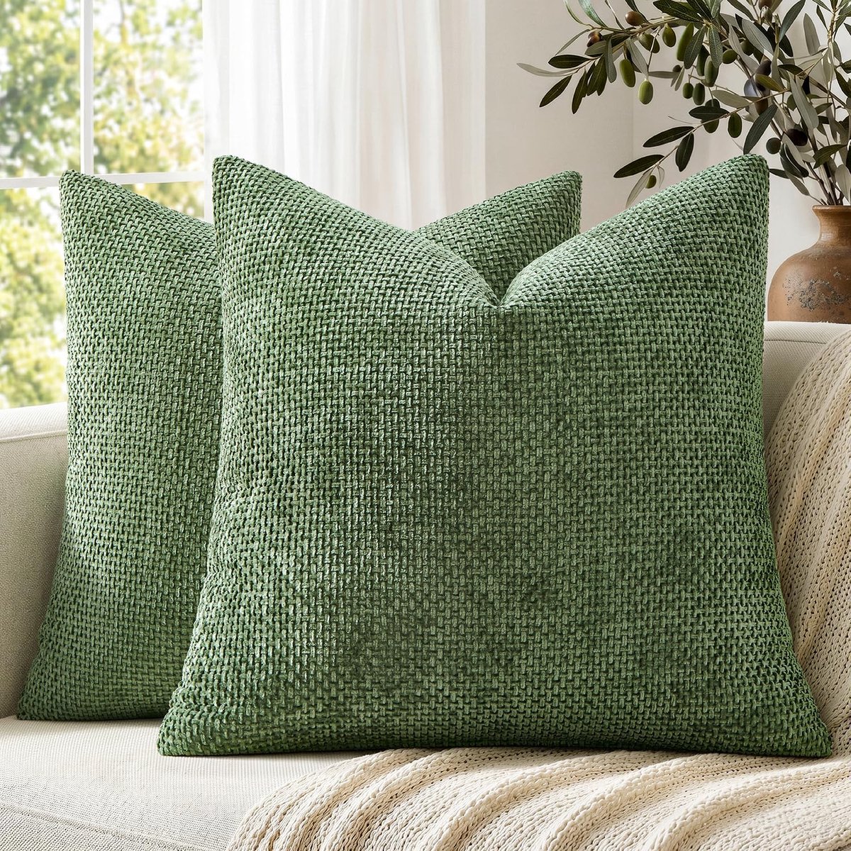 SnelShoppen - Set van 2 Kussenhoezen 45x45 cm Matchagroen Chenille - Zachte Kussenhoezen voor Bank, Bed en Woonkamer - Modern Design met Verborgen Rit
