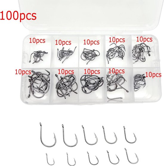 SnelShoppen - 100 Stuks Assorti Maten Carbon Staal Vis Haken met Oogjes - Barbless en Barbed Haakjes in Plastic Opbergdoos - Ideaal voor Snoek, Forel van Snelshoppen — afbeelding 2