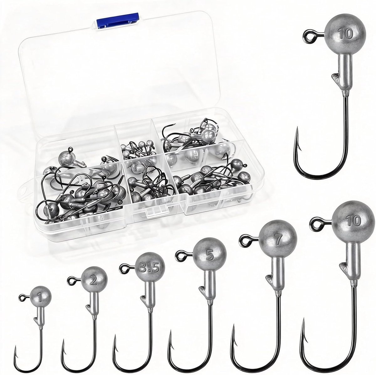 SnelShoppen - 52pcs Visaccessoires, Ronde Loodkoppen, 6 Maten Vissen Haken, Hoge Kwaliteit Offset Haken voor Zoet- en Zoutwater Forelvissen