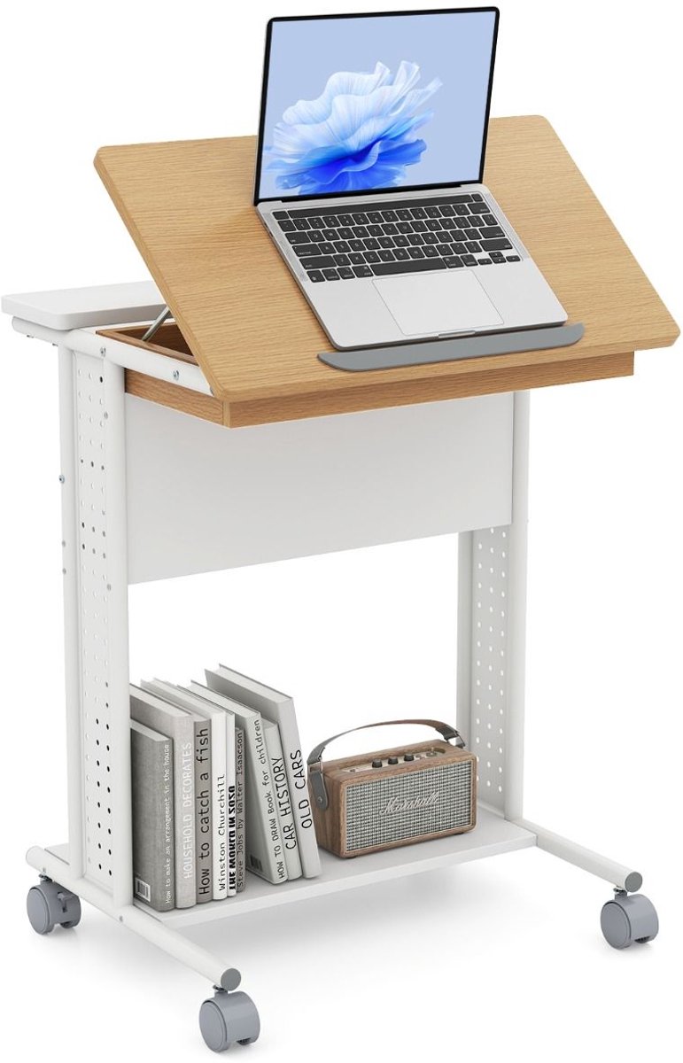 Laptoptafel op Wielen - Bedtafeltje - Bijzettafel - Wit & Natuurlijk