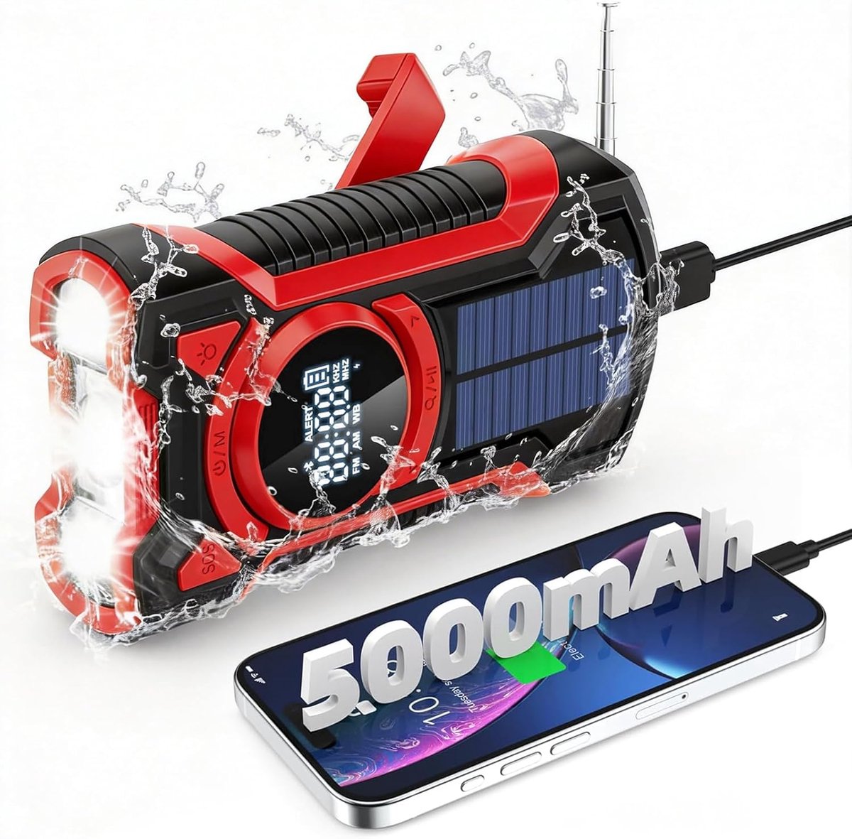 SnelShoppen - Portable Radio AM/FM met USB, Zonne-energie, Crank Opladen, 5000mAh Powerbank, Bluetooth Speaker, SOS Alarm en Zaklamp voor Camping, Out