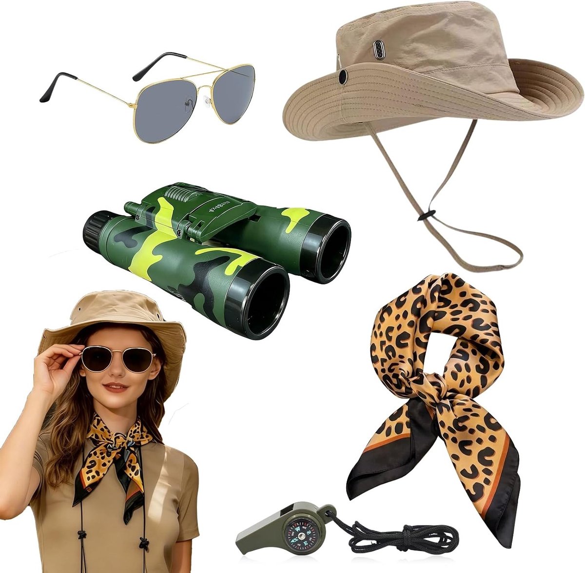 Set van 5 safari kostuums voor mannen en vrouwen, inclusief safarihoed, verrekijker, zonnebril en telescopische accessoires voor feestjes en evenementen