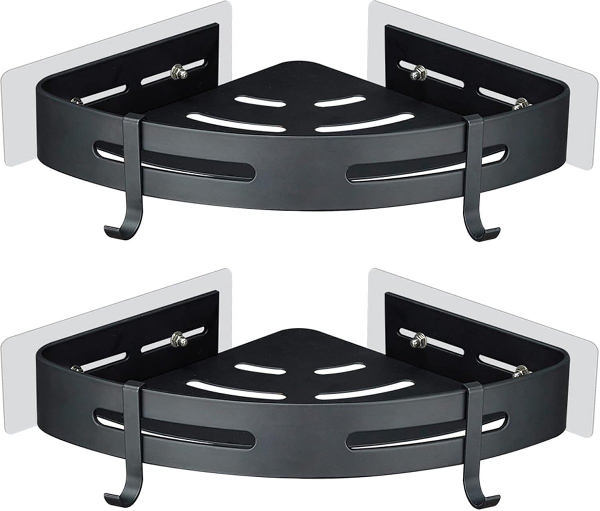 SnelShoppen - Doucheplank, Douchemand, Badkamerrek, Hoekplank, Zwart, Zonder Boren, Wandmontage, Zelfklevend, Aluminium, Mat, 2 Stuks, Douchegel, Sham