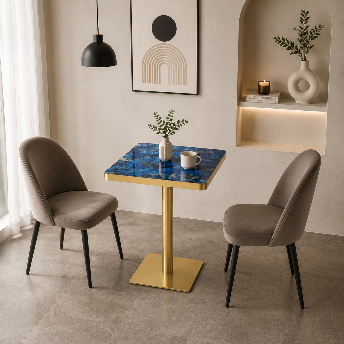 HAUSS SPOLE Eettafel - Vierkant Design Met Marmerlook En Goudkleurige Rand - Voor Eethoek