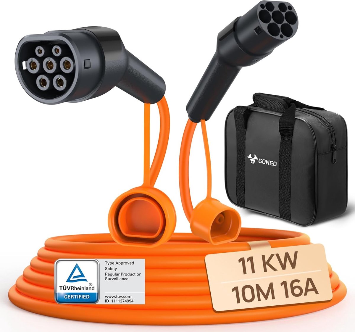 SnelShoppen - Type 2 Oplaadkabel 11kW 10m voor Elektrische Auto - Snelle Laadkabel 16A Driefasig, IP54 Bescherming, Halogeenvrij, Zilveren Contacts