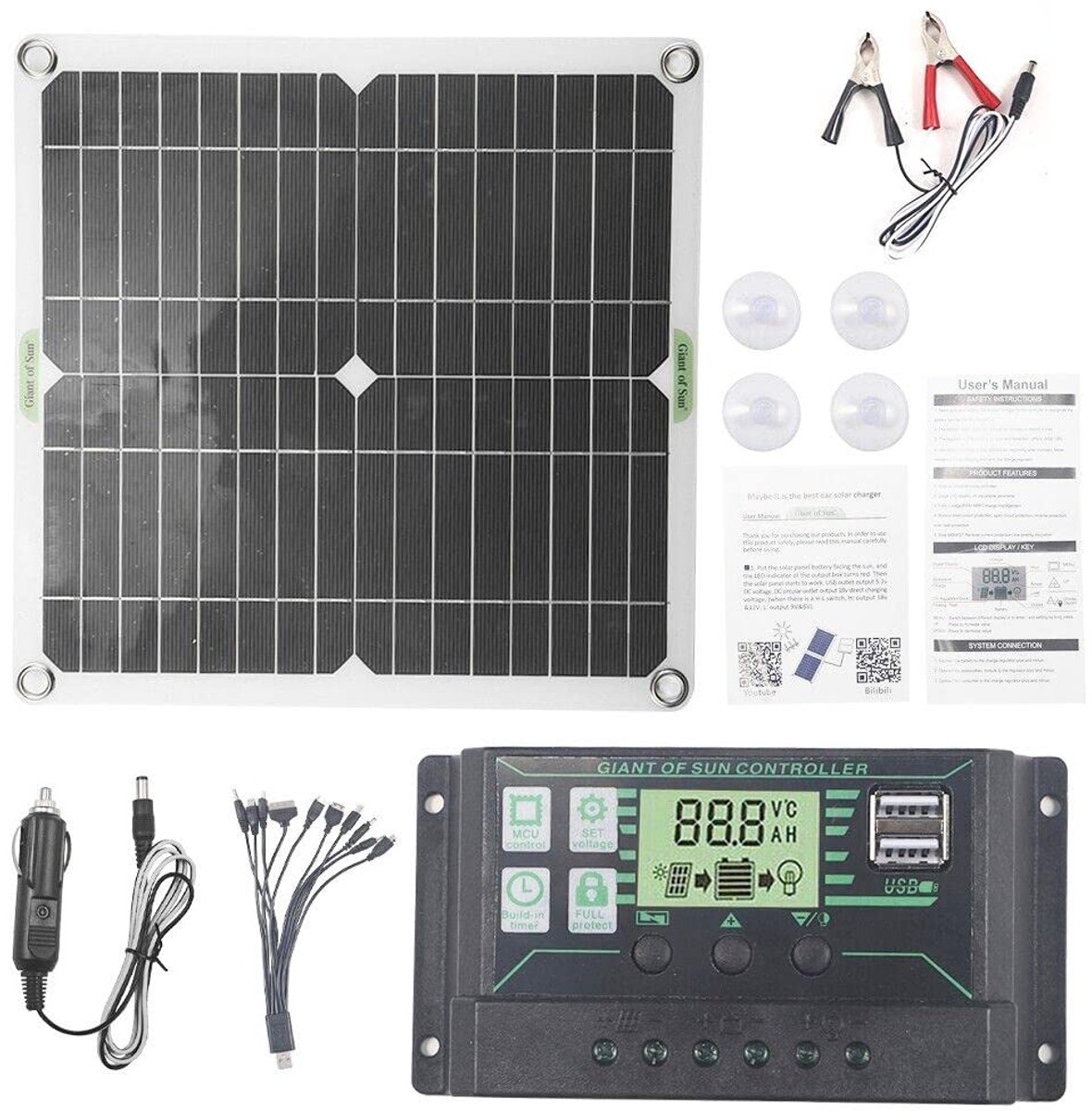 SnelShoppen - 30W Zonnepaneel Kit, 12V Solar Pv Paneel Lader met 10-in-1 Oplaadkabel, 50A Regelaar voor Caravan, Boot, Camping en Vissen