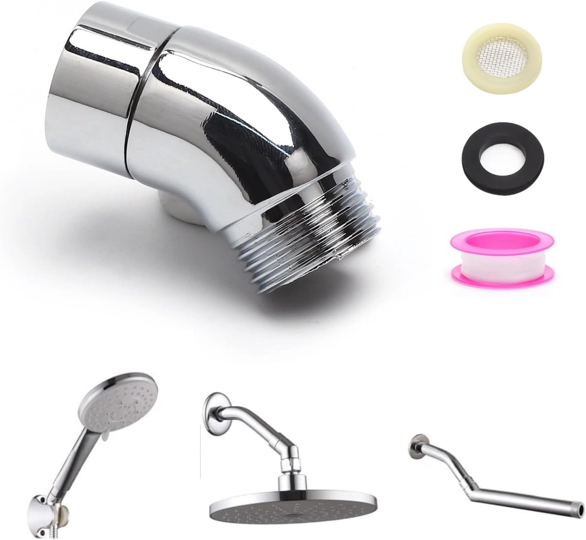 SnelShoppen - Handdouche-adapter 135 graden 1/2 inch Hoekstuk voor Doucheslang - Draaibare Douchekop Adapter met Rubber Afdichting - Inclusief Teflonb