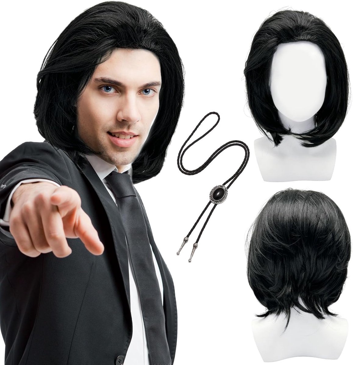 SnelShoppen - 2 Stuks Korte Zwarte Pruik met Bolo Tie voor Mannen - Te Knopen in Paardenstaart - 80s 90s Kostuum Punk Rock - Feest & Cosplay Wigs