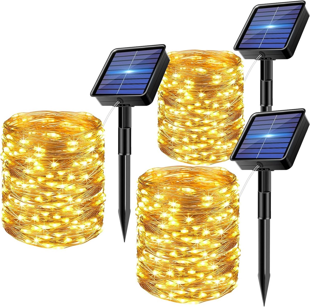 3x 15 Meter LED Zonne-energielichtsnoer Buiten (150 Lampjes) - Warm Wit - 8 Modi - IP65 Waterdicht