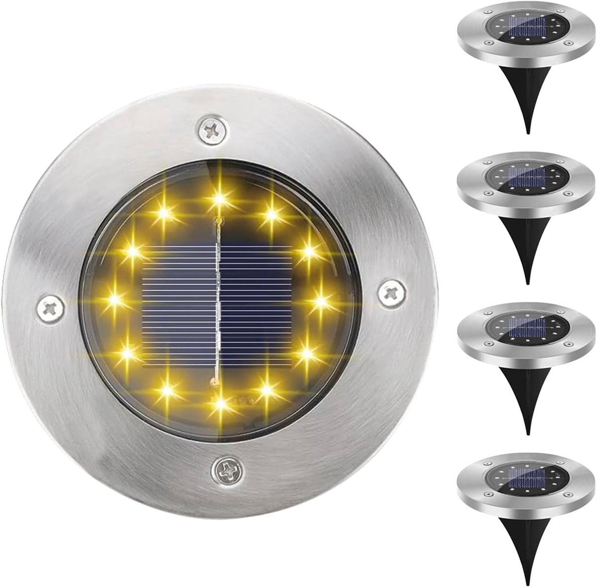 SnelShoppen - 4 Solar Lights Buiten IP65 Waterdicht 12 cm Diameter 8 LED RVS Tuinverlichting Warm Wit voor Tuin, Terras, Oprit - Energiezuinig en Auto