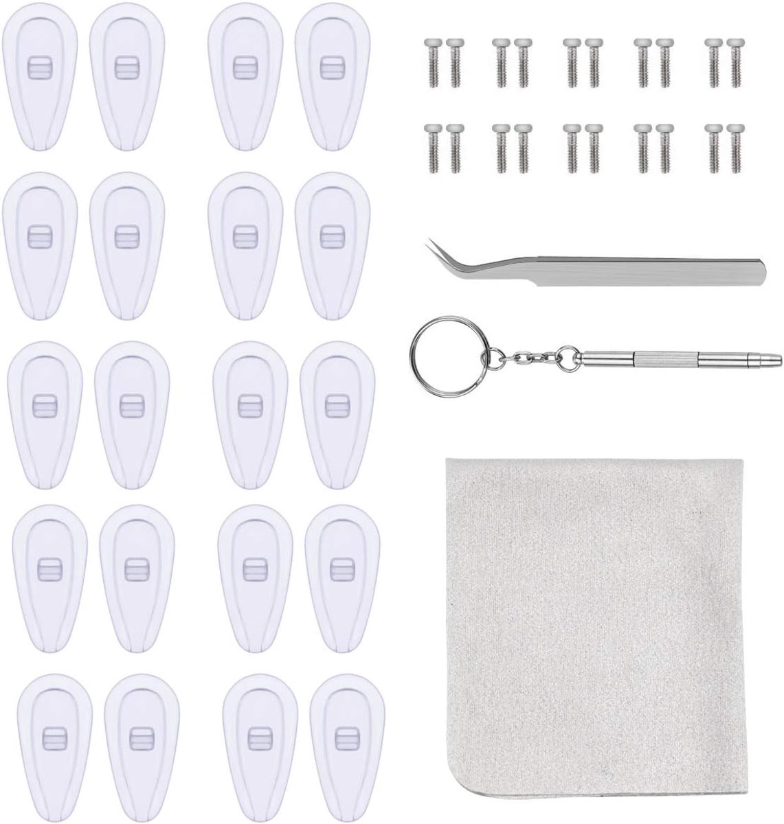 SnelShoppen - Glass Repair Kit - 10 Pairs Silicone Neuspads - Non-Slip Air Neuspads met Schroef en Tweezers - Inclusief Schoonmaakdoek - Voor Brillen